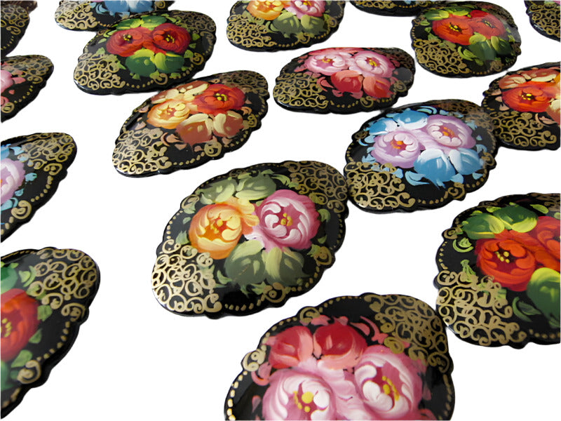 Russian Lacquer Pin Brooch Hand Painted Papier Mache Artist Signed Folk Art New