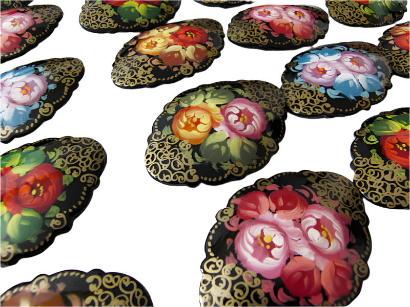 Russian Lacquer Pin Brooch Hand Painted Papier Mache Artist Signed Folk Art New