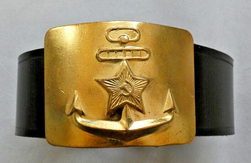 USSR Russian Navy Black Leather Belt Brass Buckle Size 3 Max 125cm New