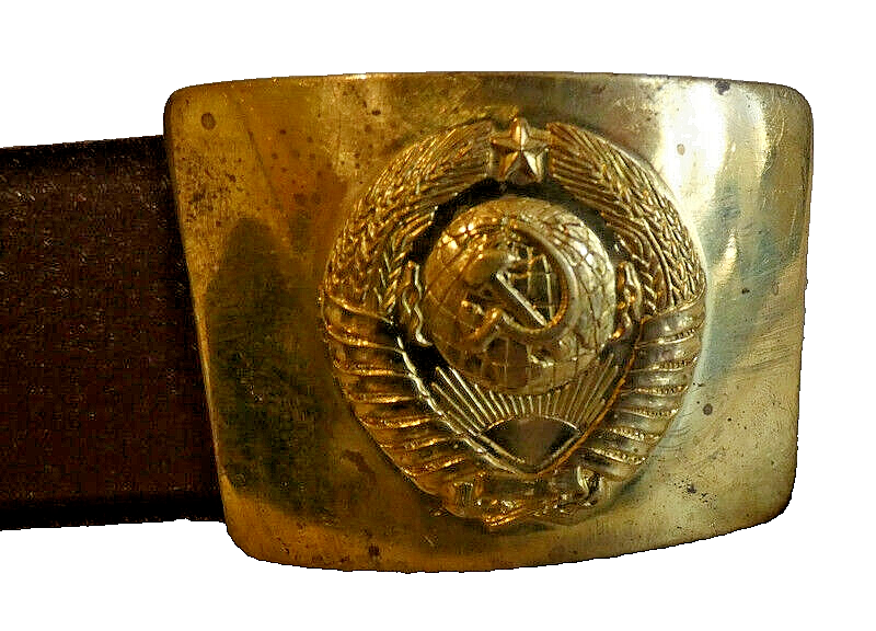 Soviet Russian Brown Leather Belt Brass USSR Symbol Buckle Size 2 Max 117cm