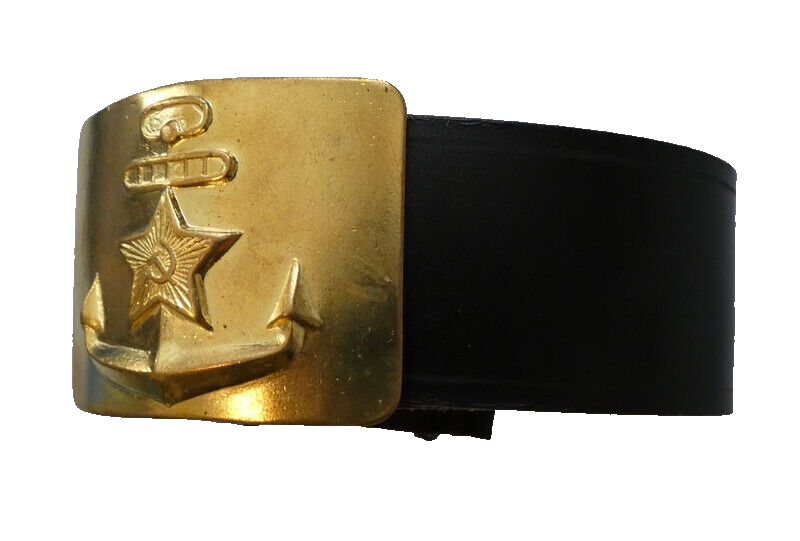 USSR Russian Navy Black Leather Belt Brass Buckle Size 3 Max 125cm New