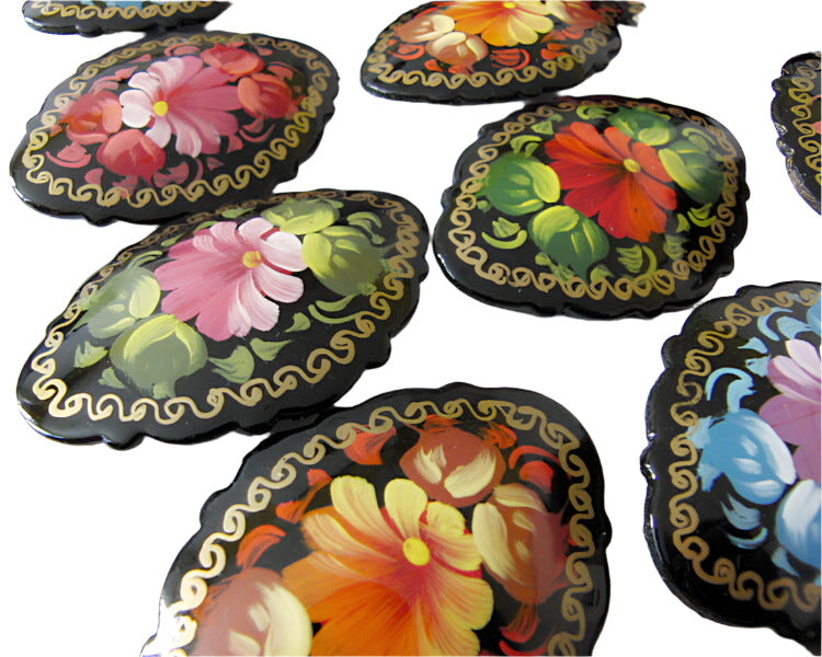 Russian Lacquer Pin Brooch Hand Painted Papier Mache Artist Signed Folk Art New