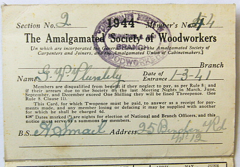 British 1944 Amalgamated Society of Woodworkers Contribution Card