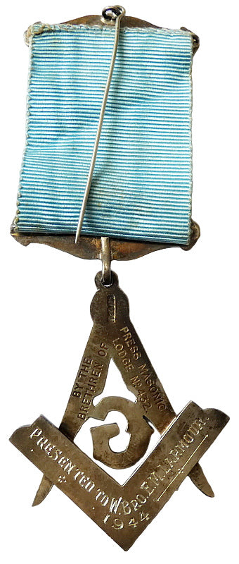 British Silver Masonic Past Master's Jewel PRESS Lodge No 432 Belfast 1944