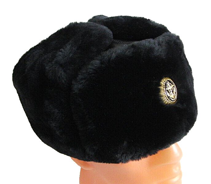 Real Russian Navy Officer Black Mouton Sheepskin Fur Ushanka Hat Badge 59cm L