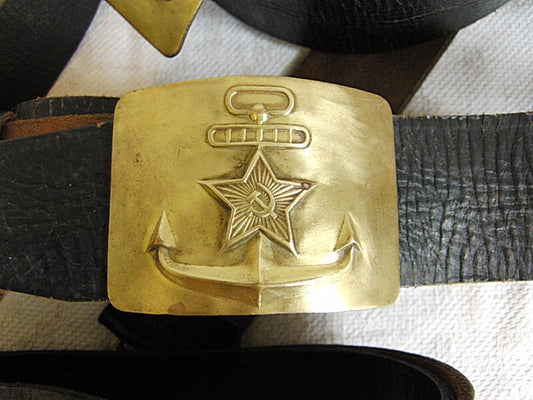 Real USSR Soviet Russian Navy Black Leather Belt Brass Buckle Leningrad Marxist