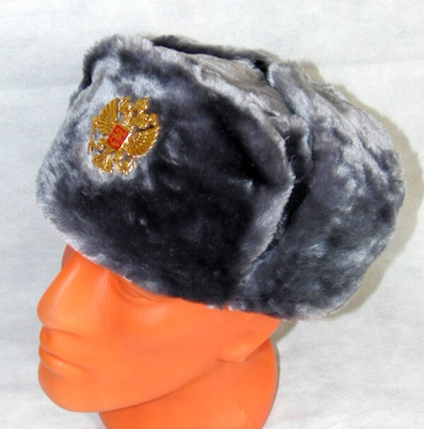 Russian Hat Ushanka Faux Fur Cossack Trapper & Army Eagle Badge - Silver Grey