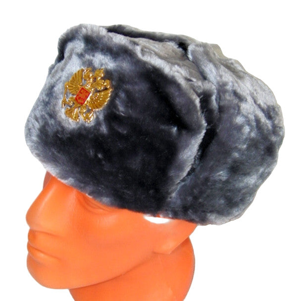 Russian Hat Ushanka Faux Fur Cossack Trapper & Army Eagle Badge - Silver Grey