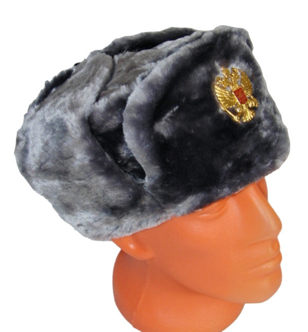 Russian Hat Ushanka Faux Fur Cossack Trapper & Army Eagle Badge - Silver Grey