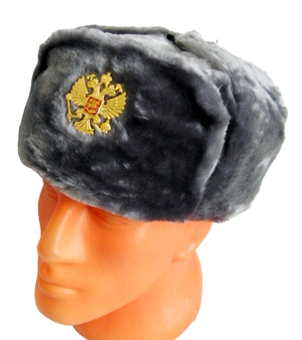Russian Hat Ushanka Faux Fur Cossack Trapper & Army Eagle Badge - Silver Grey