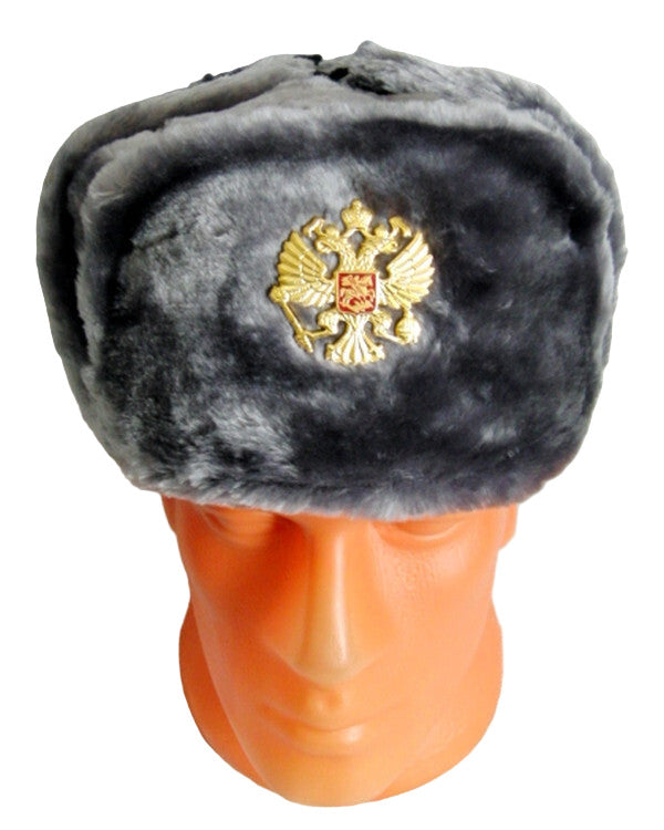 Russian Hat Ushanka Faux Fur Cossack Trapper & Army Eagle Badge - Silver Grey
