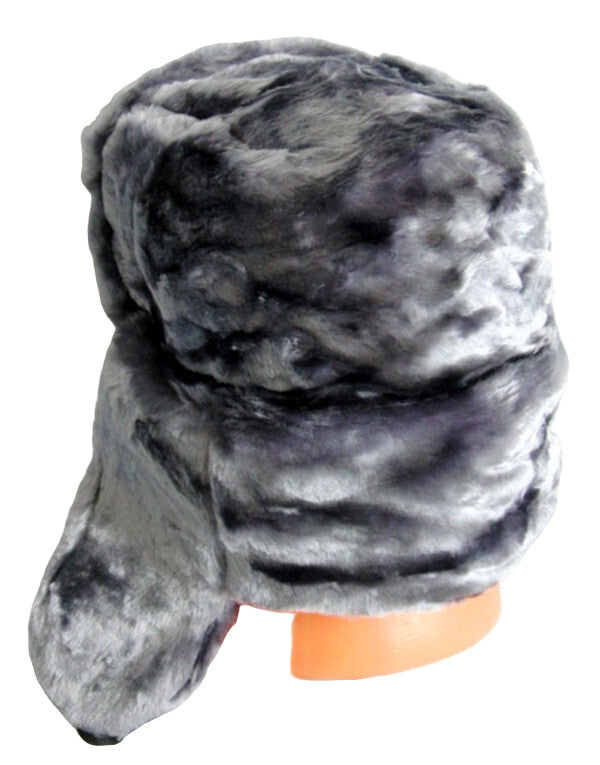 Russian Hat Ushanka Faux Fur Cossack Trapper & Army Eagle Badge - Silver Grey