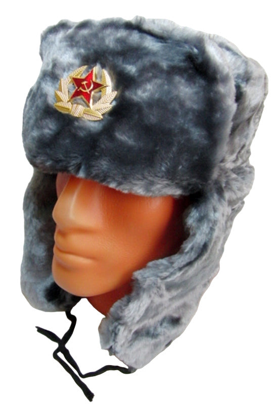 Russian Hat Ushanka Faux Fur Cossack Trapper & USSR Army Badge - Silver Grey