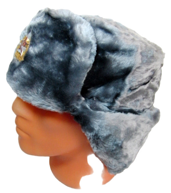 Russian Hat Ushanka Faux Fur Cossack Trapper & USSR Army Badge - Silver Grey