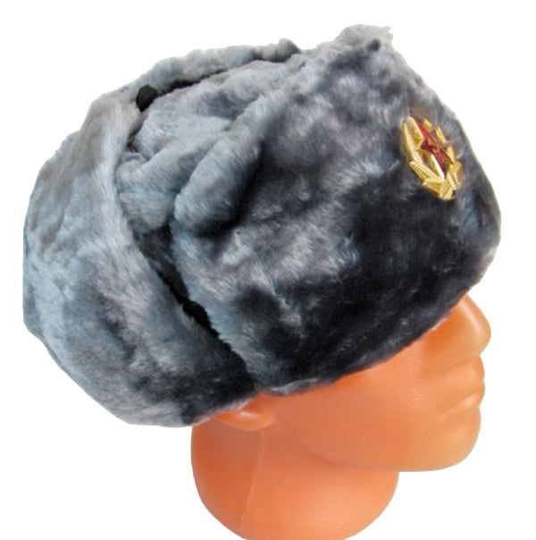 Russian Hat Ushanka Faux Fur Cossack Trapper & USSR Army Badge - Silver Grey