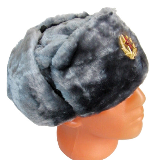 Russian Hat Ushanka Faux Fur Cossack Trapper & USSR Army Badge - Silver Grey