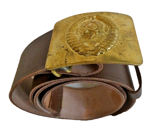 Soviet Russian Brown Leather Belt Brass USSR Symbol Buckle Size 2 Max 117cm