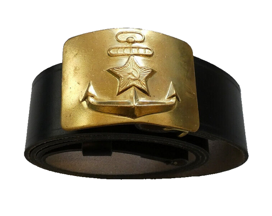 USSR Russian Navy Black Leather Belt Brass Buckle Size 3 Max 125cm New