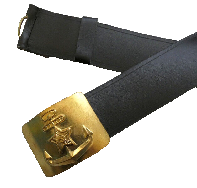 USSR Russian Navy Black Leather Belt Brass Buckle Size 3 Max 125cm New