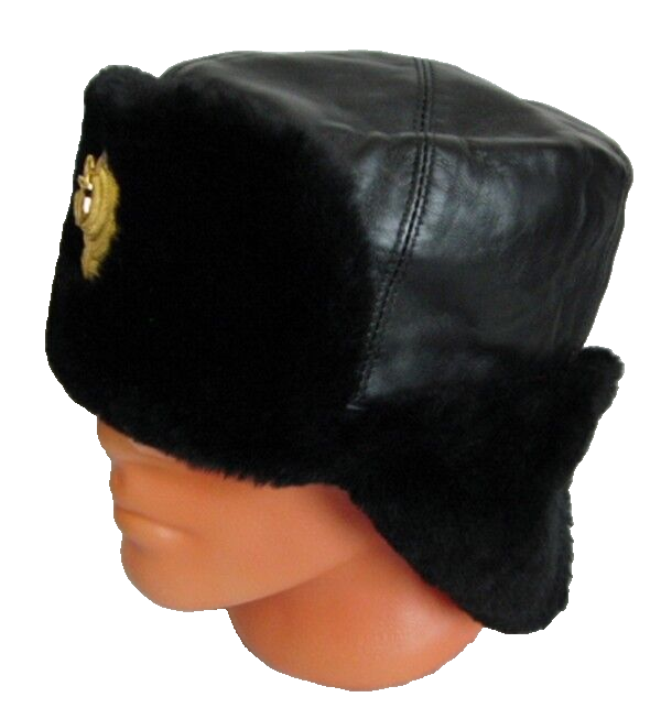 USSR Russian Navy Officer Black Mouton Sheepskin Fur Ushanka Hat Badge 62cm XXL