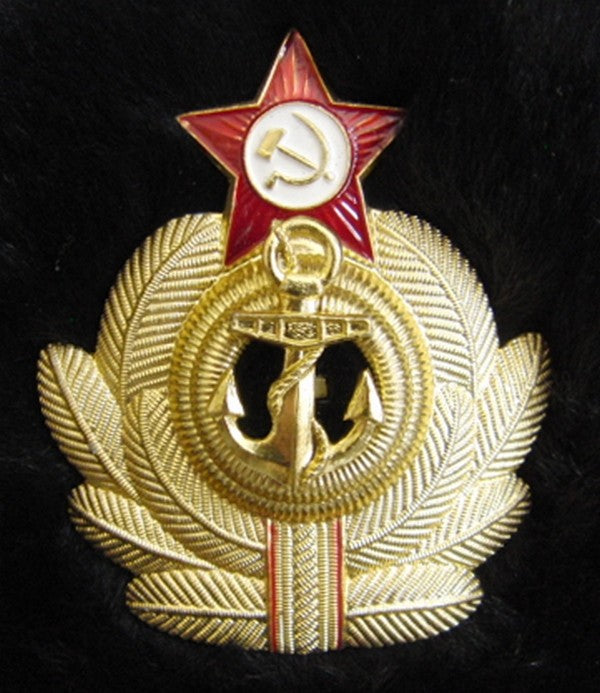 USSR Russian Navy Officer Black Mouton Sheepskin Fur Ushanka Hat Badge 62cm XXL