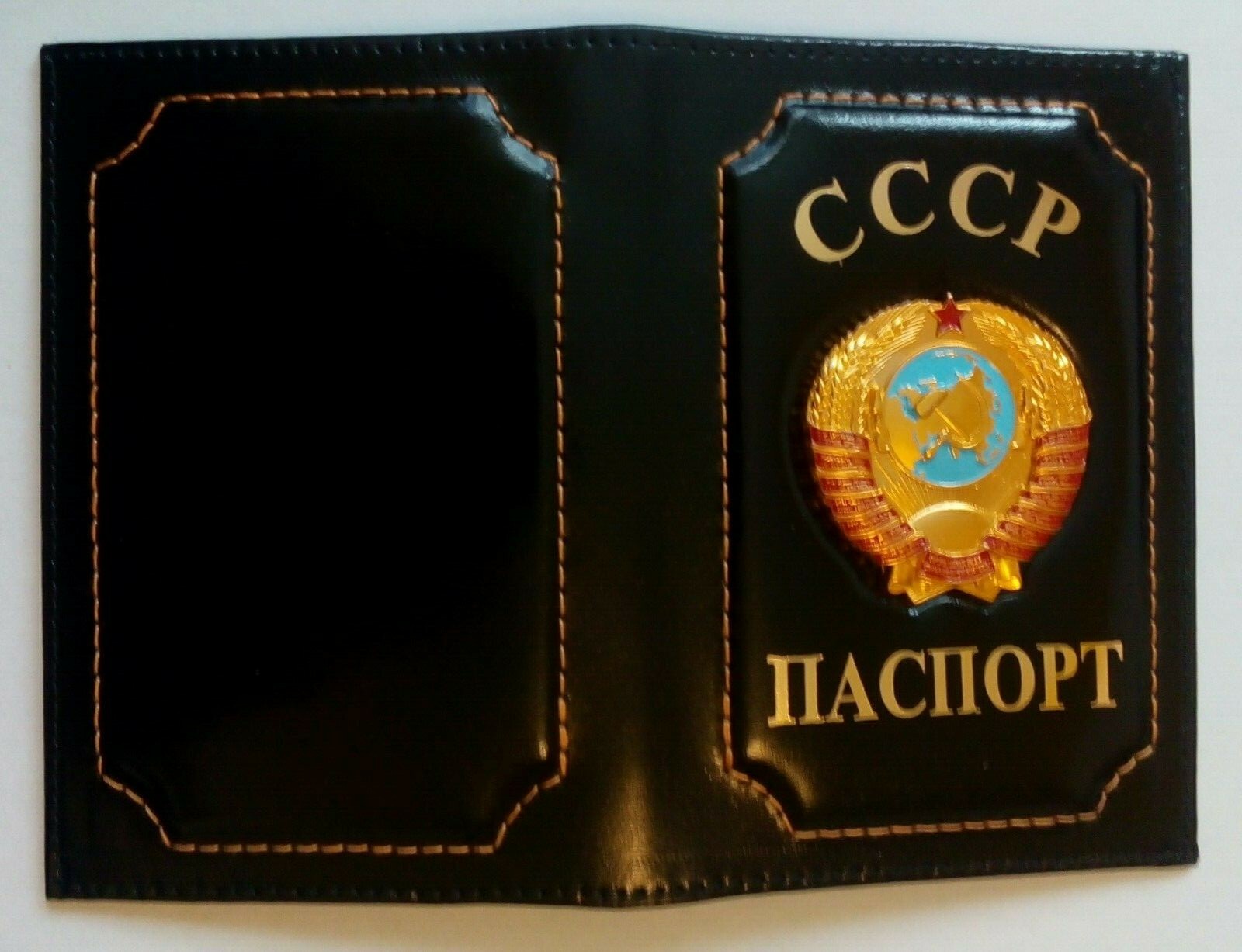 USSR PASSPORT Real Leather Cover Holder with Metal Soviet Coat of Arms Badge New
