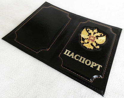 RUSSIA PASSPORT Real Leather Cover Holder with Metal Coat of Arms Badge New