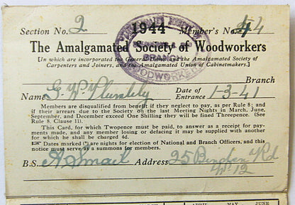 British 1944 Amalgamated Society of Woodworkers Contribution Card