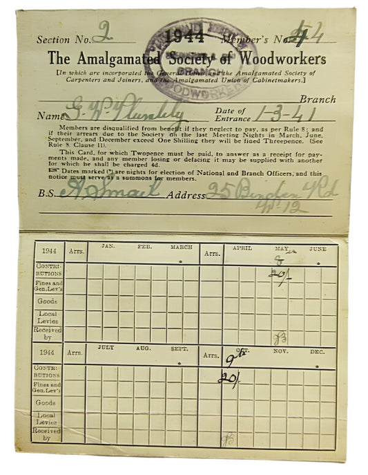 British 1944 Amalgamated Society of Woodworkers Contribution Card
