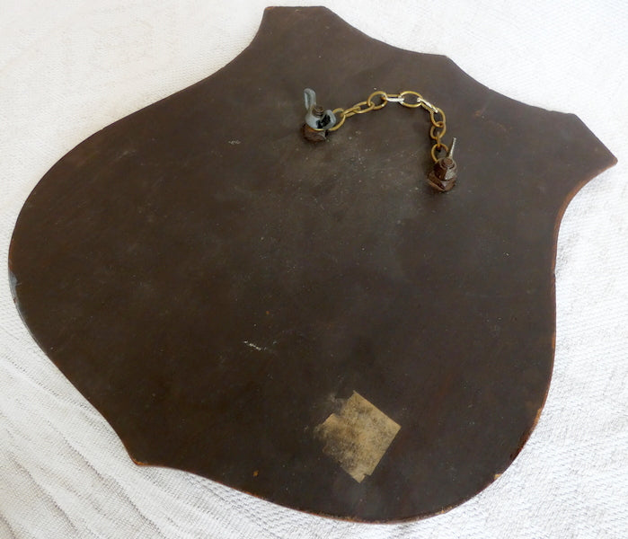 Two Gurka Kikri Knives Mounted Onto Shield Shaped Wooden Plate with Metal Cap Badges