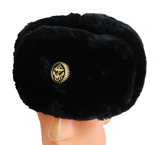Real Russian Navy Officer Black Mouton Sheepskin Fur Ushanka Hat Badge 59cm L