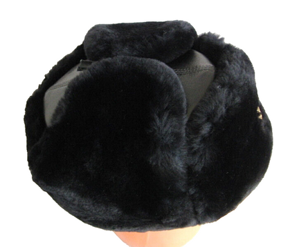Real Russian Navy Officer Black Mouton Sheepskin Fur Ushanka Hat Badge 59cm L