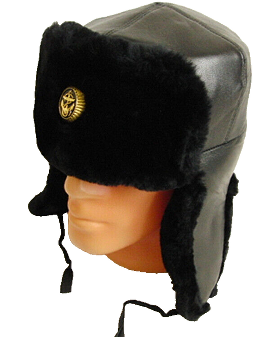 Real Russian Navy Officer Black Mouton Sheepskin Fur Ushanka Hat Badge 59cm L