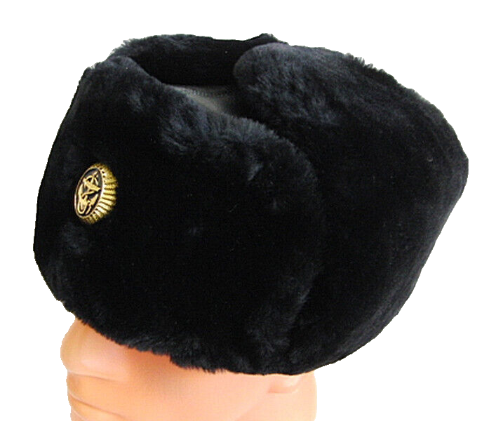 Real Russian Navy Officer Black Mouton Sheepskin Fur Ushanka Hat Badge 59cm L