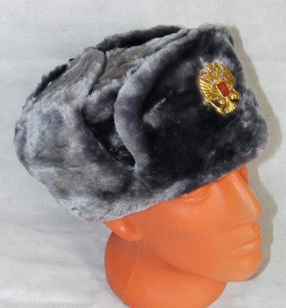 Russian Hat Ushanka Faux Fur Cossack Trapper & Army Eagle Badge - Silver Grey