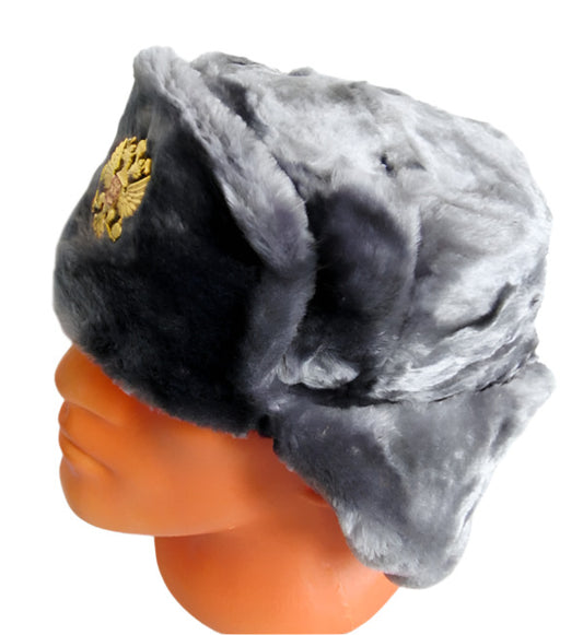 Russian Hat Ushanka Faux Fur Cossack Trapper & Army Eagle Badge - Silver Grey