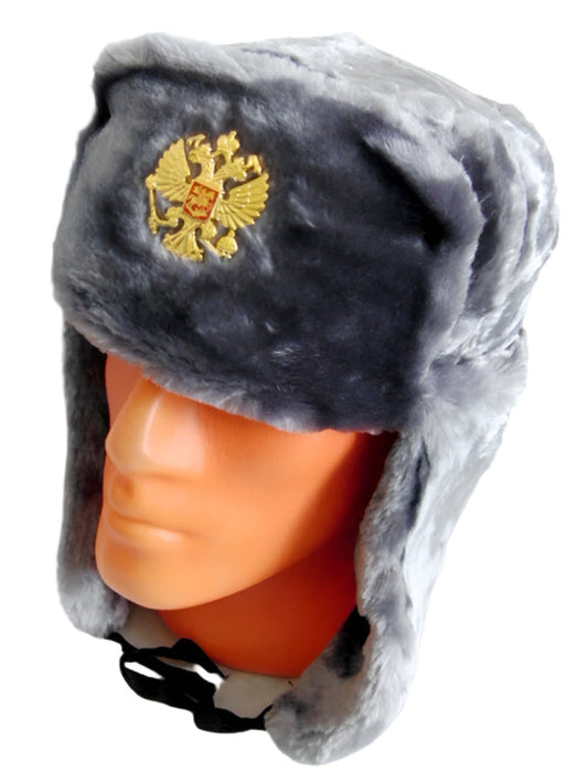 Russian Hat Ushanka Faux Fur Cossack Trapper & Army Eagle Badge - Silver Grey