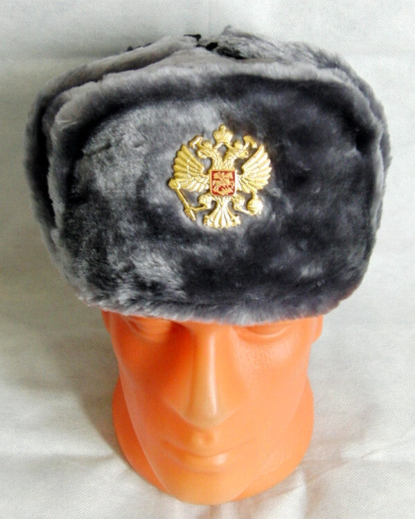 Russian Hat Ushanka Faux Fur Cossack Trapper & Army Eagle Badge - Silver Grey