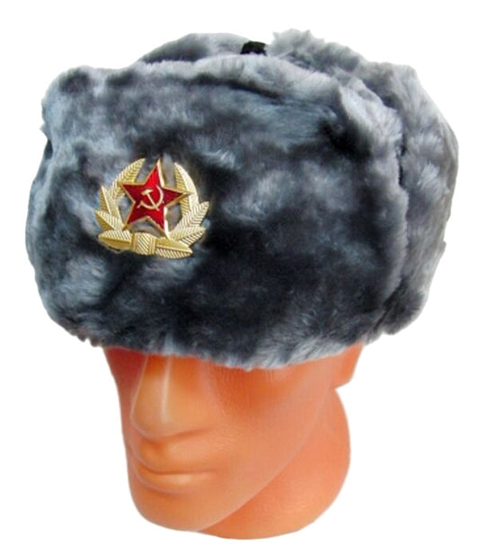 Russian Hat Ushanka Faux Fur Cossack Trapper & USSR Army Badge - Silver Grey