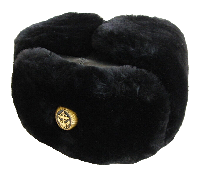 Real Russian Navy Officer Black Mouton Sheepskin Fur Ushanka Hat Badge 59cm L