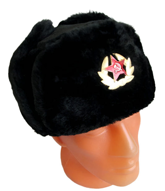 Russian Ushanka Faux Fur Cossack Trapper Hat & USSR Soviet Army Badge - Black