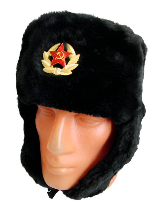 Russian Ushanka Faux Fur Cossack Trapper Hat & USSR Soviet Army Badge - Black