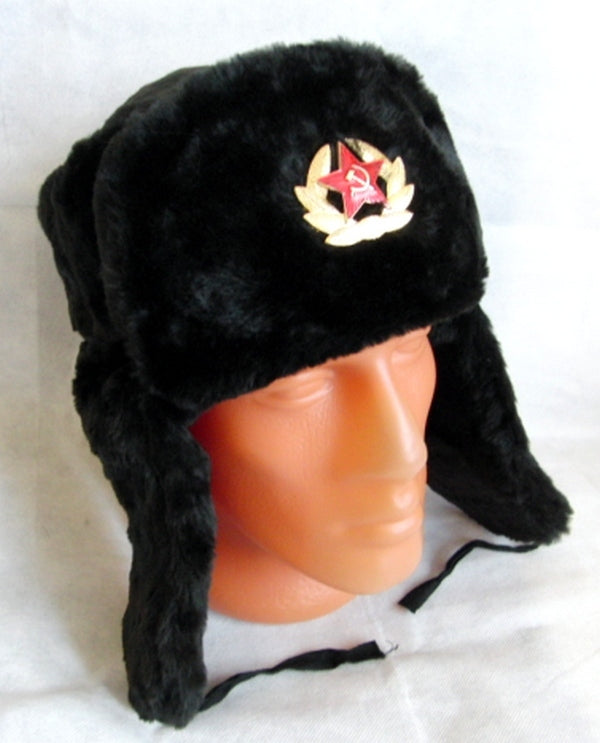 Russian Ushanka Faux Fur Cossack Trapper Hat & USSR Soviet Army Badge - Black