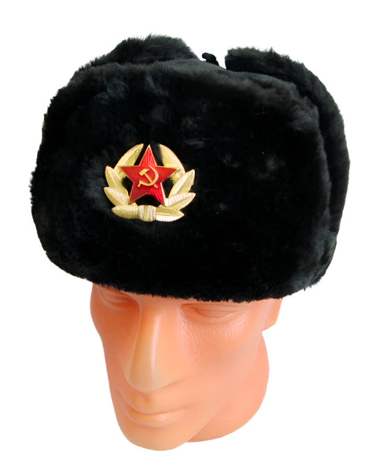 Russian Ushanka Faux Fur Cossack Trapper Hat & USSR Soviet Army Badge - Black