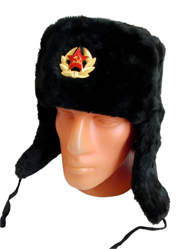 Russian Ushanka Faux Fur Cossack Trapper Hat & USSR Soviet Army Badge - Black