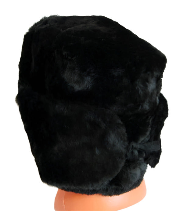 Russian Ushanka Faux Fur Cossack Trapper Hat & USSR Soviet Army Badge - Black