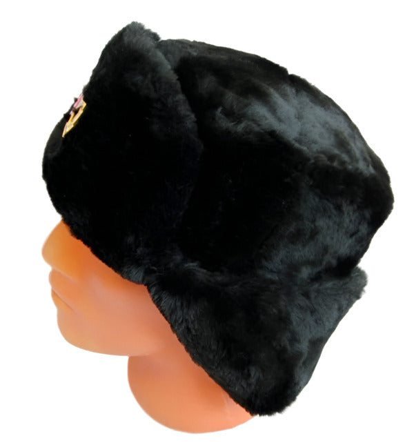 Russian Ushanka Faux Fur Cossack Trapper Hat & USSR Soviet Army Badge - Black