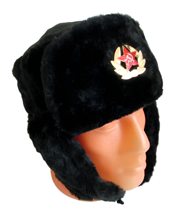 Russian Ushanka Faux Fur Cossack Trapper Hat & USSR Soviet Army Badge - Black