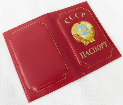 USSR PASSPORT Real Leather Cover Holder with Metal Soviet Coat of Arms Badge New