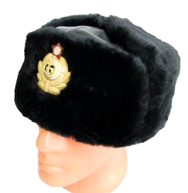 USSR Russian Navy Officer Black Mouton Sheepskin Fur Ushanka Hat Badge 59cm L